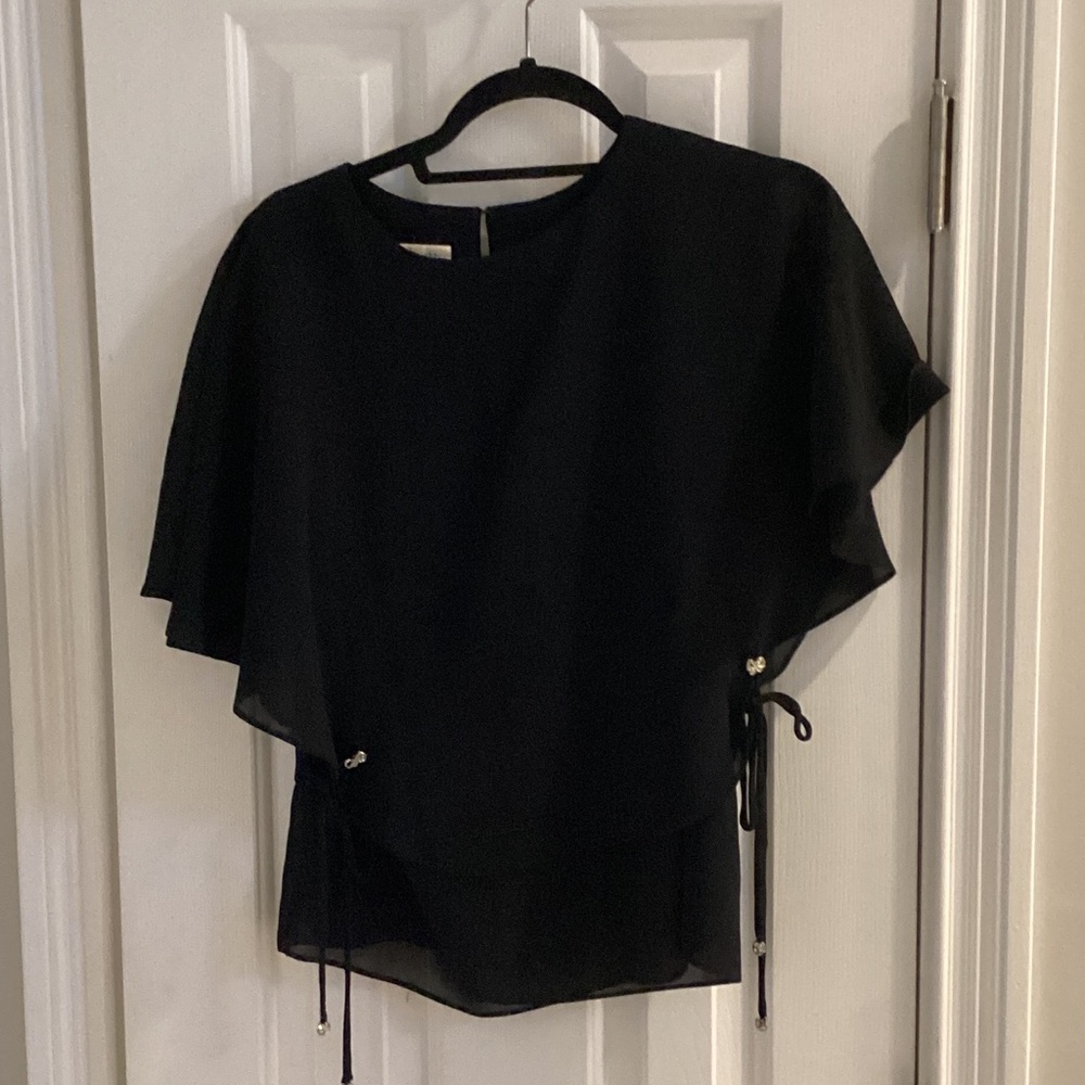 Julian Wilder Vintage Black Crepe Top w/ Unique Drape & Tie Sides w/ Rhinestones